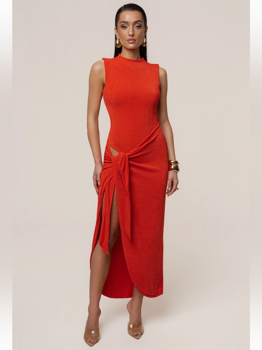 JLUXLABEL Sleeveless Hot Orange wrap Knot-Front Maxi Dress